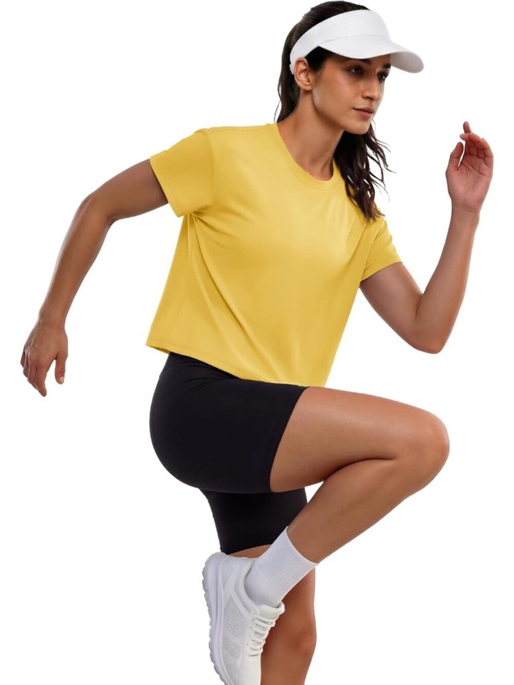〽️Women's Yellow Short Sleeve Cotton Athletic Crewneck Casual Loose Crop Tops
